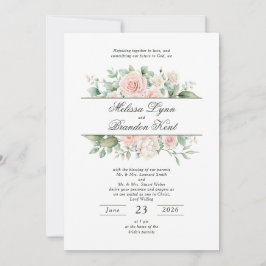 Invitación Elegante Boda Floral Acuarela Verde Salvia Rosado