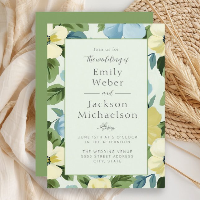 Invitación Elegante Boda floral amarillo azul de la Casa de l (Elegant mint, blue, and yellow floral wedding invitation)