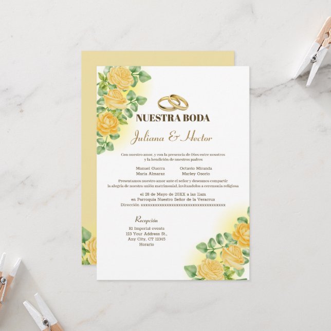Invitación Elegante Boda floral amarillo de Nuestra Boda (Anverso/Reverso In Situ)