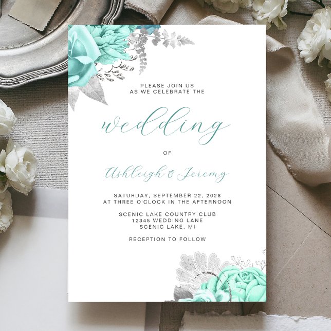 Invitación Elegante Boda Floral Aqua Silver Script (Subido por el creador)