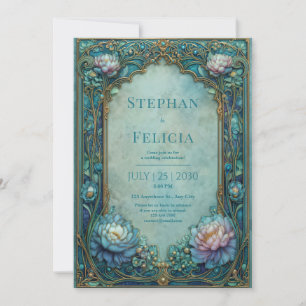 Invitación Elegante Boda Floral Arqueada Teal Art Nouveau