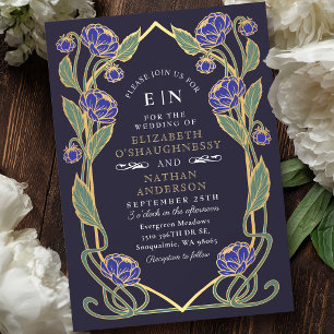Invitación Elegante Boda floral Art Nouveau de la Peonia Azul