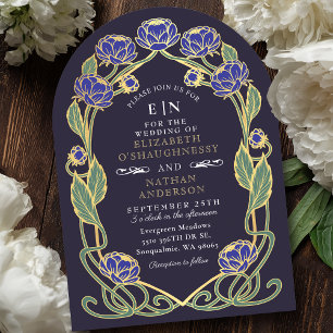 Invitación Elegante Boda floral Art Nouveau de la Peonia Azul
