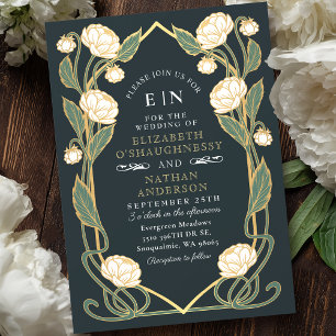 Invitación Elegante Boda floral Art Nouveau de Peony Blanco
