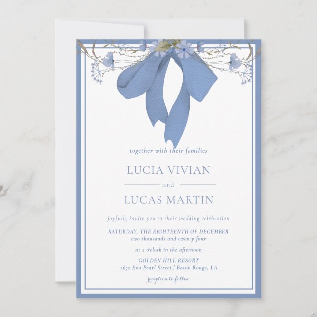Invitación Elegante Boda Floral Azul (Anverso)