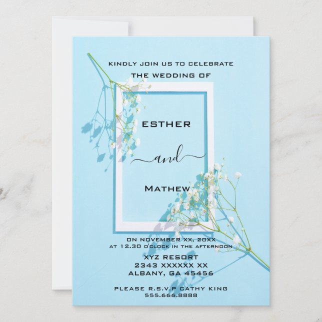 Invitación Elegante Boda floral azul (Anverso)