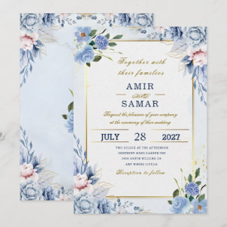 Invitación elegante boda floral azul