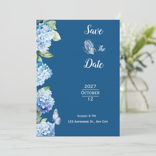 Invitación Elegante Boda floral azul (Anverso de pie)