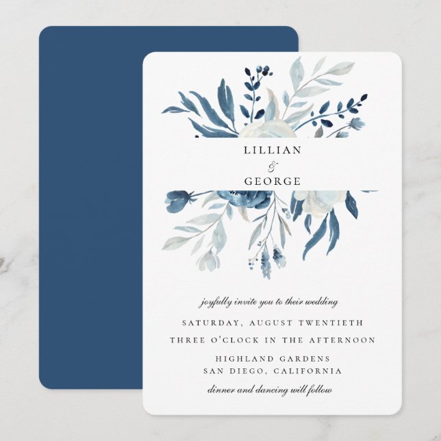 Invitación Elegante Boda Floral Azul (Anverso / Reverso)