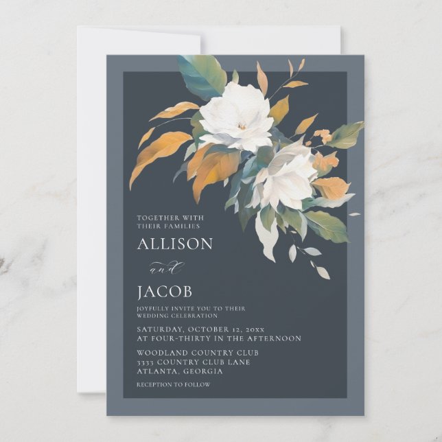 Invitación Elegante Boda Floral Azul Azul (Anverso)