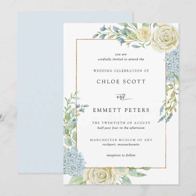 Invitación Elegante Boda floral azul blanco (Anverso / Reverso)