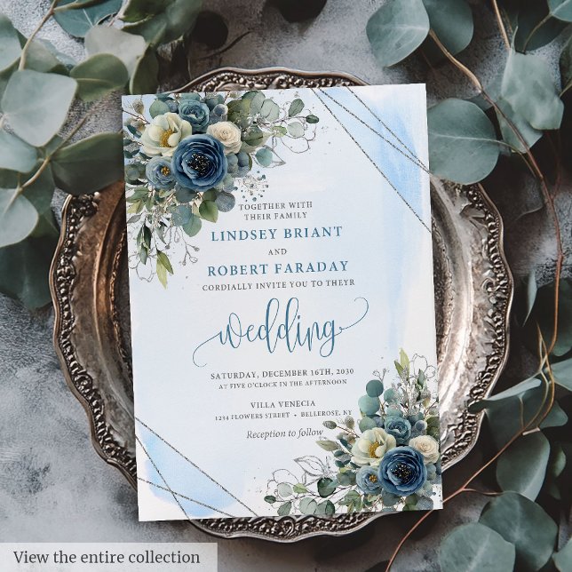 Invitación Elegante Boda floral azul blanco de la Marina (Elegant Navy Blue White Silver Floral Wedding Invite)