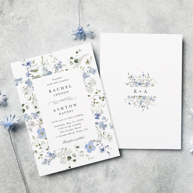 Invitación Elegante boda floral azul blanco verde   (Front & Back)
