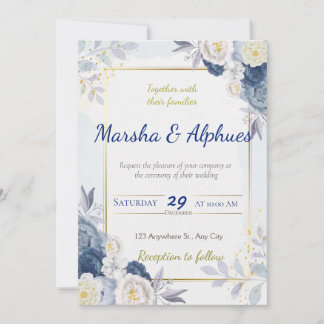 Invitación Elegante Boda floral azul, blanco y dorado