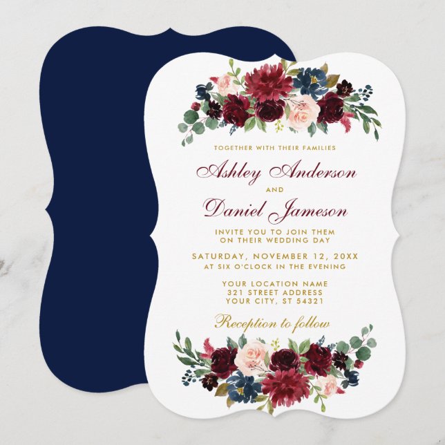 Invitación Elegante Boda floral azul borgoña BR (Anverso / Reverso)