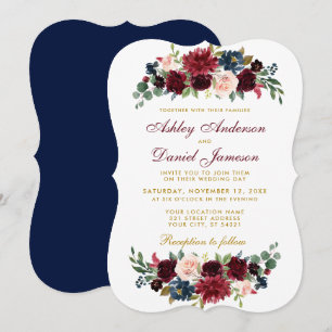 Invitación Elegante Boda floral azul borgoña BR