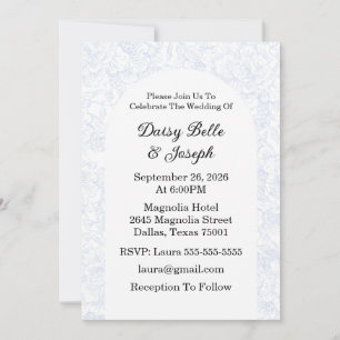 Invitación Elegante Boda Floral Azul Chinoiserie