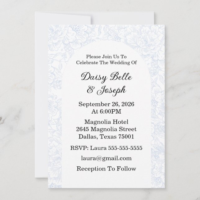 Invitación Elegante Boda Floral Azul Chinoiserie (Anverso)
