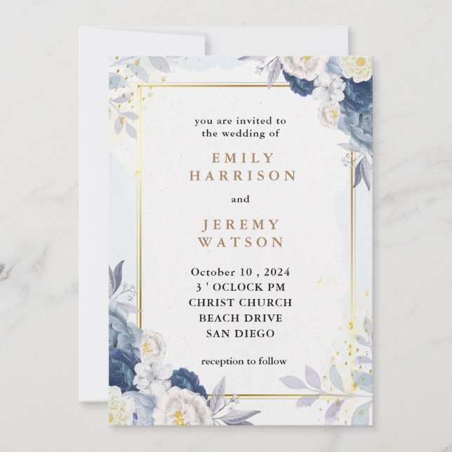 Invitación Elegante Boda floral azul claro (Anverso)
