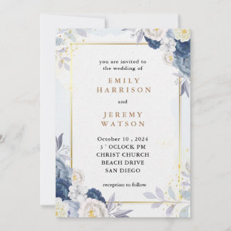 Invitación Elegante Boda floral azul claro