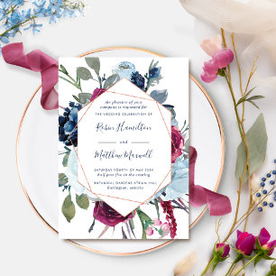Invitación Elegante Boda floral azul de Berries geométricas