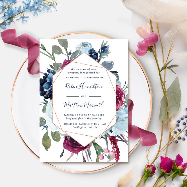 Invitación Elegante Boda floral azul de Berries geométricas (Subido por el creador)