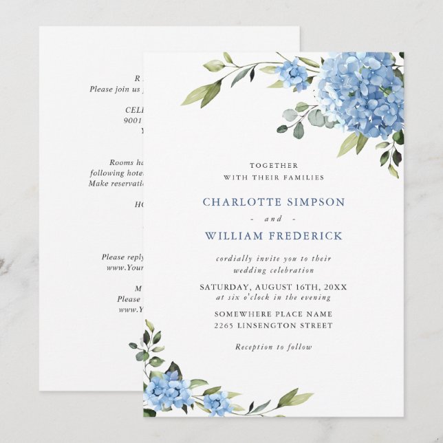 Invitación Elegante Boda floral azul de Hydrangea todo en uno (Anverso / Reverso)