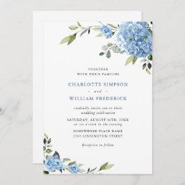 Invitación Elegante Boda floral azul de Hydrangea todo en uno