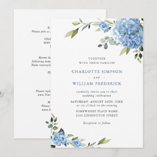 Invitación Elegante Boda floral azul de Hydrangea todo en uno
