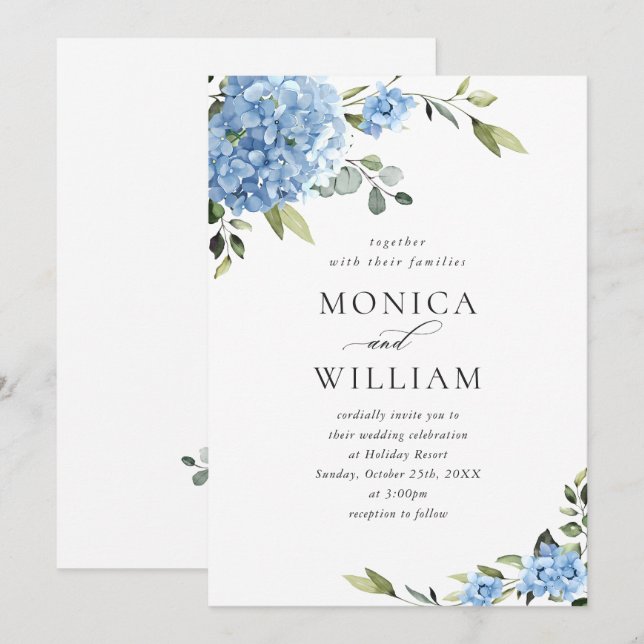 Invitación Elegante Boda floral azul de Hydrangea todo en uno (Anverso / Reverso)