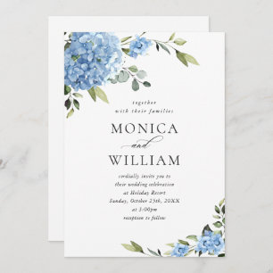 Invitación Elegante Boda floral azul de Hydrangea todo en uno