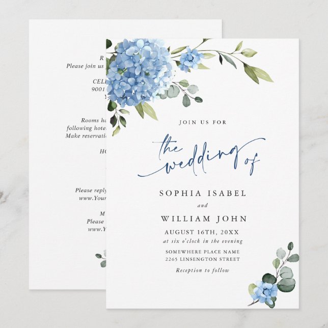 Invitación Elegante Boda floral azul de Hydrangea todo en uno (Anverso / Reverso)