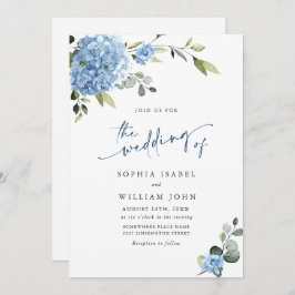 Invitación Elegante Boda floral azul de Hydrangea todo en uno