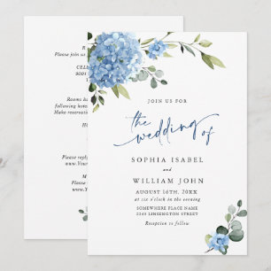 Invitación Elegante Boda floral azul de Hydrangea todo en uno