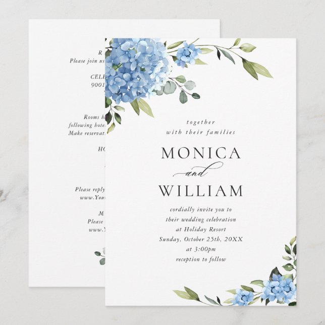 Invitación Elegante Boda floral azul de Hydrangea todo en uno (Anverso / Reverso)