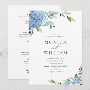 Invitación Elegante Boda floral azul de Hydrangea todo en uno