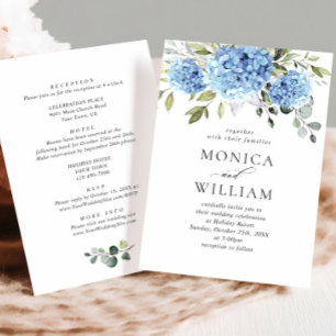 Invitación Elegante Boda floral azul de Hydrangea todo en uno