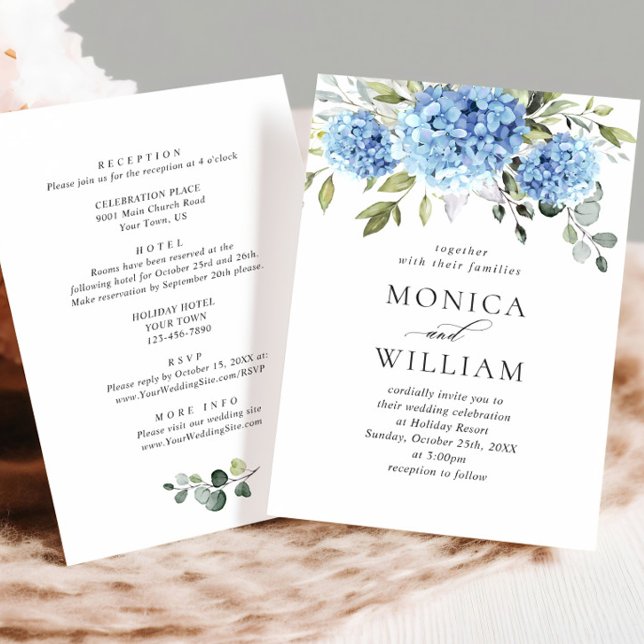 Invitación Elegante Boda floral azul de Hydrangea todo en uno (Subido por el creador)