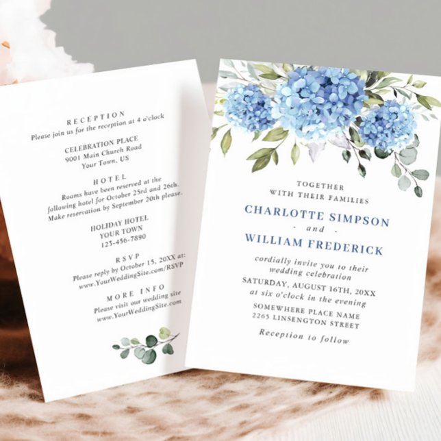 Invitación Elegante Boda floral azul de Hydrangea todo en uno (Subido por el creador)