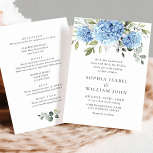 Invitación Elegante Boda floral azul de Hydrangea todo en uno
