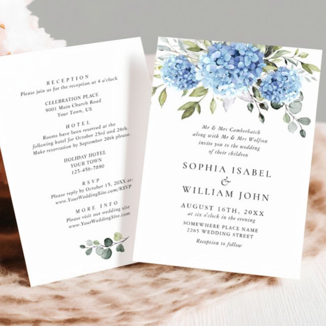 Invitación Elegante Boda floral azul de Hydrangea todo en uno (Subido por el creador)