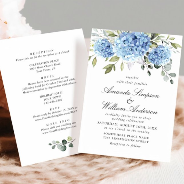 Invitación Elegante Boda floral azul de Hydrangea todo en uno (Subido por el creador)