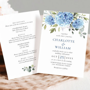 Invitación Elegante Boda floral azul de Hydrangea todo en uno