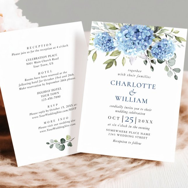 Invitación Elegante Boda floral azul de Hydrangea todo en uno (Subido por el creador)