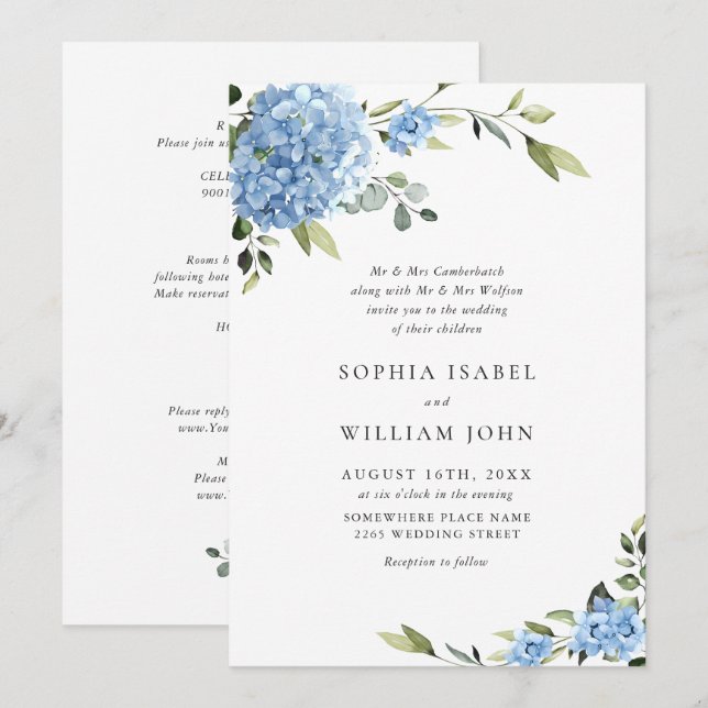 Invitación Elegante Boda floral azul de Hydrangea todo en uno (Anverso / Reverso)