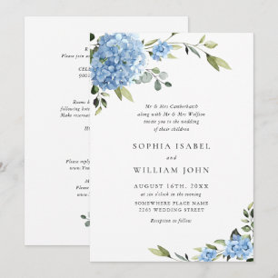 Invitación Elegante Boda floral azul de Hydrangea todo en uno