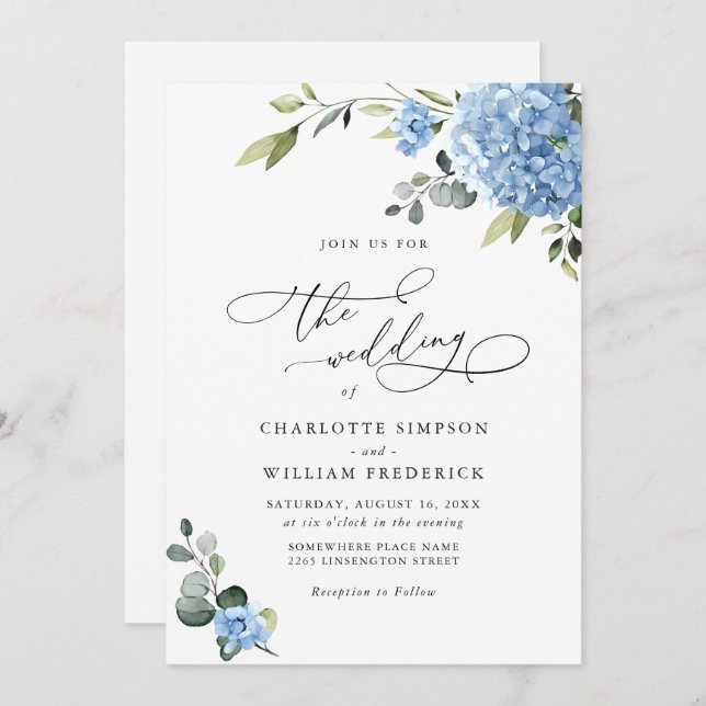 Invitación Elegante Boda floral azul de Hydrangea todo en uno (Anverso / Reverso)