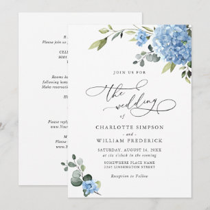 Invitación Elegante Boda floral azul de Hydrangea todo en uno