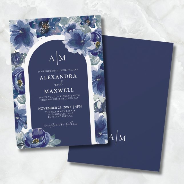Invitación Elegante Boda floral azul de la Marina (Elegant Navy Blue Floral Wedding Invitation)