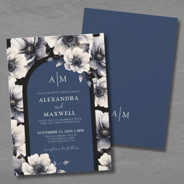 Invitación Elegante Boda floral azul de la Marina (Elegant Flowers Navy Blue Floral Wedding Invitation)